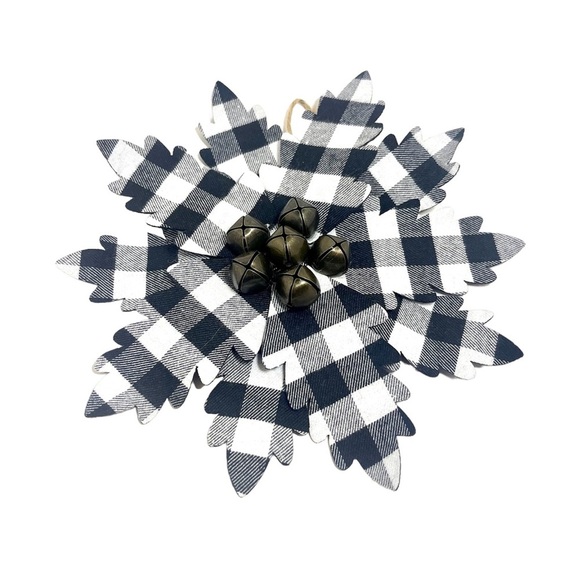 GANZ Other - Ganz Medium Black and White Buffalo Plaid Poinsettia Ornament with Bell Center